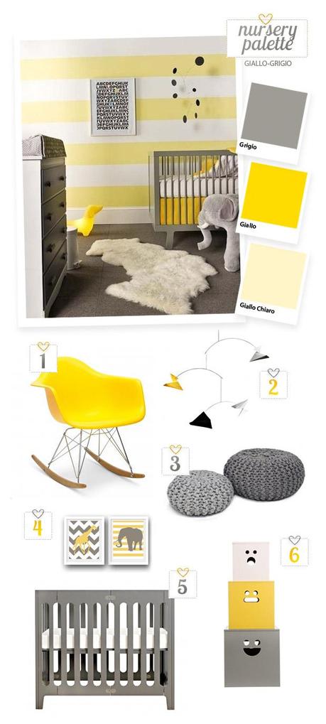 Nursery gialla e grigia, ispirazioni per palette colori da camerette