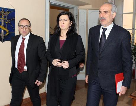 La presidente della Camera Laura Boldrini stamattina al Comune di Civitanova tra il sindaco Corvatta e il vice- sindaco Silenzi