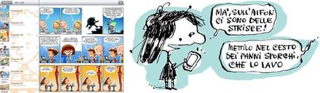Da sinistra: una scheramta delle strisce dei Singloids su iPad e una vignetta di Inkspinter