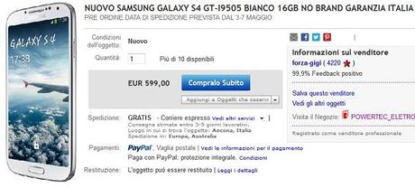 Samsung Galaxy S4 a 599€ con Garanzia Italia