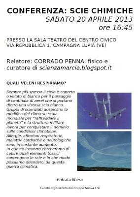 Conferenze sulle scie chimiche il 18 nelle Marche ed il 20 nel Veneto