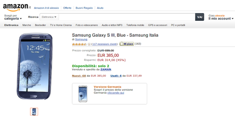 Samsung Galaxy S3 nuovo a 385 euro su Amazon Italia