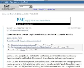 Articolo del 2007 del British Medical Journal espone gli effetti avversi del vaccino Gardasil contro il papilloma virus (tra i quali vengono menzionati paralisi, aborto e anomalia fetale)