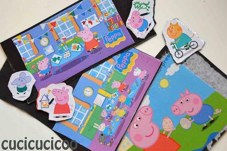gluing peppa pig pieces onto scraps of magnet lamination sheets