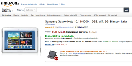 Samsung Galaxy Note 10.1 a 425 euro su Amazon Italia