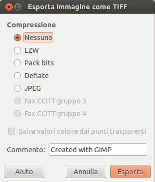 La finestra di dialogo di esportazione in TIFF