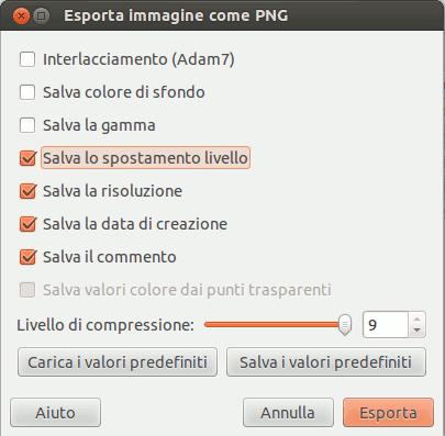 La finestra di dialogo Esporta come PNG