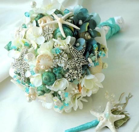 Sea Shell Bridal Bouquet Wedding,Tiffany Blue Bridal Brooch Bouquet, Bridal Bouquet