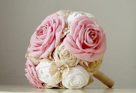 Fabric Bridal Bouquet,  Wedding  Fabric Bouquet, Pearls and Lace, Vintage Wedding, Pink Roses