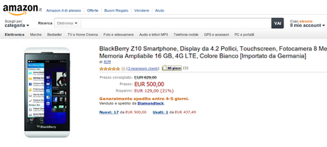 Blackberry Z10 a 500 euro su Amazon Italia