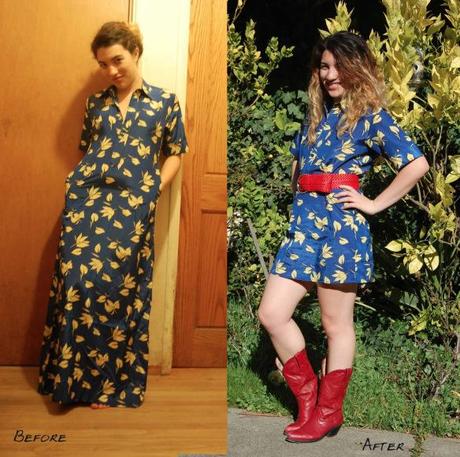 blue and yellow flowers dress before after