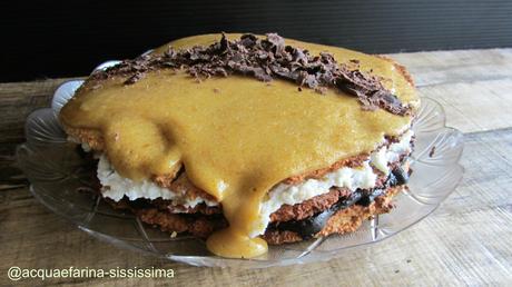 dacquoise alle nocciole con crema alla gianduia, alla ricotta e allo zabaione