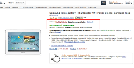 Samsung Tablet Galaxy Tab 2 Display 10.1 Pollici, Bianco, Samsung Italia in promozione a 252 euro su Amazon Italia