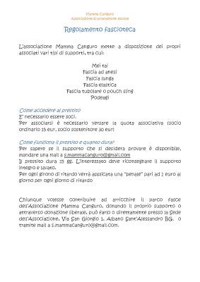Regolamento Fascioteca Mamma Canguro: prestiti di fasce e supporti mei tai, fasce ad anelli, fasce tubolari, podeagi