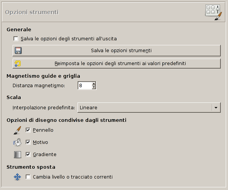 Preferenze delle opzioni degli strumenti