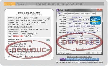 Intel Core i7 4770K overcloccato a 5 GHz con 0,904 Volt