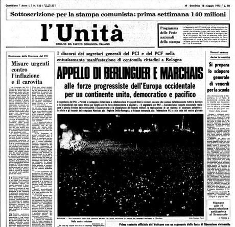 La prima pagina de l'Unità del 13 maggio 1973