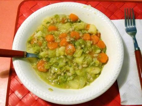 soup with spelt, lentils, peas, and vegetables..
