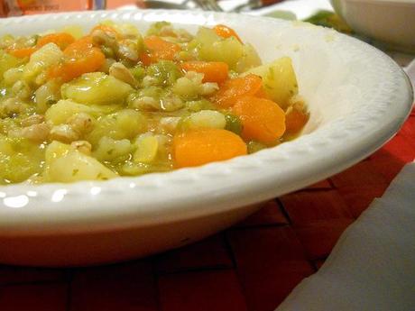 happy soup with spelt, lentils, peas, and vegetables..