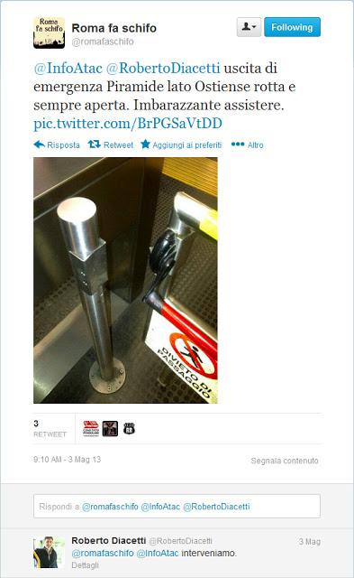 Bravo il boss di Atac Roberto Diacetti che utilizza, sapientemente, i social network per raccogliere le nostre segnalazioni e intervenire