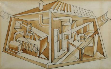 Galleria Cortina Arte Milano - Fortunato Depero - Prismi lunari, 1932 ca., china e china diluita su carta, cm. 60x98