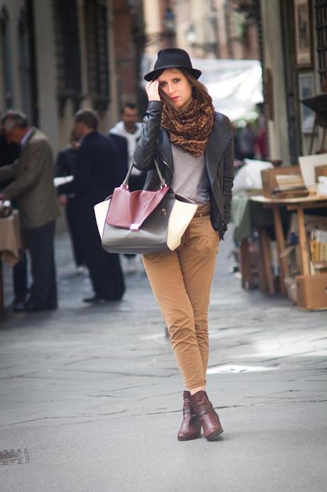 Bag, Leather Jacket, Outfit, Trousers, Black, Burgundy, Beige, Hat, Scarf, Animalier