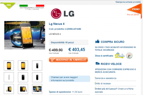 LG Nexus 4 disponibile a 403€ con garanzia Italia per 2 anni