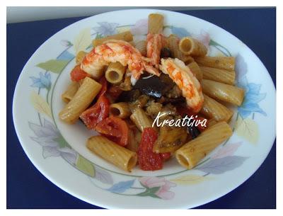 Rigatoni melanzane arrostite e scampi