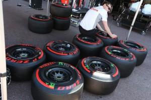 P Zero red supersoft tyres prepared by McLaren technician