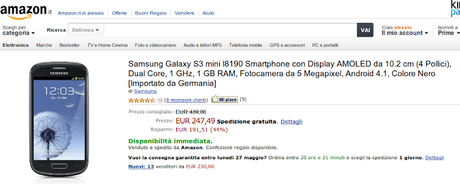 Offertona Samsung Galaxy S3 Mini: 247 euro con spedizione Amazon Italia
