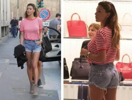 Belen Rodriguez per le vie di Milano pochi giorni dopo aver partorito. In shorts e t-shirt mostra un fisico perfetto