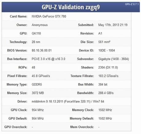 NVIDIA GeForce GTX 780 GPU-Z Validate
