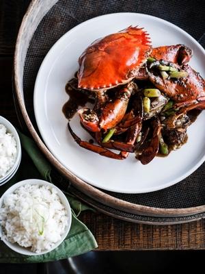 Jowett Yu's Mud Crab wok fried with black pepper “Singapore Style” served at Mr. Wong.