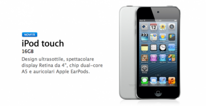 ipod touch16gb 410x212 Apple aggiunge un nuovo iPod touch (da 16GB e senza fotocamera posteriore) a 249€ iPod Touch 