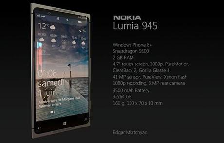 Nokia Lumia 945: un rendering con fotocamera da 41 MegaPixel