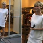 Michelle Hunziker per fare shopping da Banner sceglie un abitino bianco dello stesso colore dei sandali. La showgirl e presentatrice conserva il suo fascino anche in gravidanza, il sorriso smagliante completa il look. Brava Michelle, promossa!