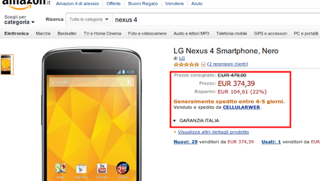 LG Nexus 4 a 374 euro CON GARANZIA ITALIA su Amazon