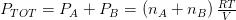 P_{TOT} = P_A + P_B = \left(n_A + n_B\right) \frac{R T}{V}