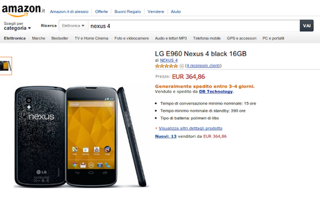 Nexus 4 a 364 euro su Amazon con spese di spedizione gratuite