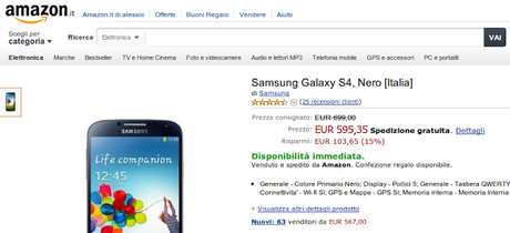 Samsung Galaxy S4 a 595 euro su Amazon Italia - Garanzia Italia