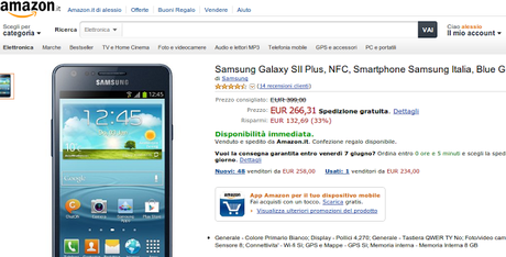 Samsung Galaxy S2 Plus a 266 euro su Amazon - Garanzia Italia