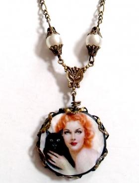 Vintage ginger pinup and black cat necklace