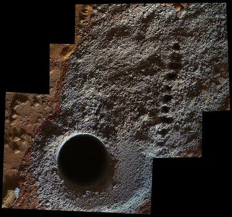 Curiosity sol 283 MAHLI - Cumberland drill and ChenCam laser