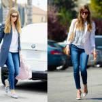 Bellissima Jessica Biel e sempre molto fashion, non sbaglia un look. Il suo jeans preferito è lo skinny che porta sia con la scarpa loafers (sinistra) molto di tendenza in questo momento, sia con i tacchi (destra). Perfetta!