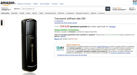 Pendrive USB Transcend JetFlash elite 350 8 GB a soli 6 euro su Amazon Italia