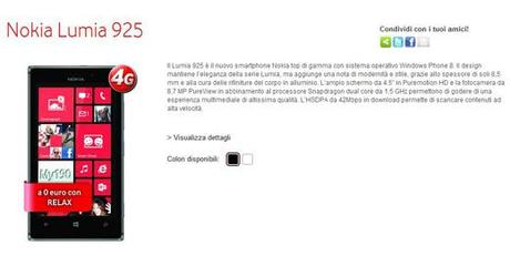 Vodafone Italia con l'offerta del Nokia Lumia 925 a 649 euro per il modello da 32 GB