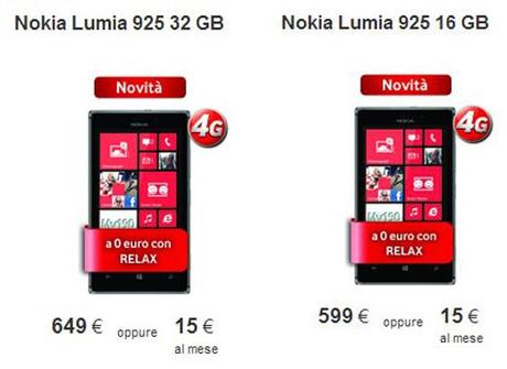 Vodafone Italia con l'offerta del Nokia Lumia 925 a 649 euro per il modello da 32 GB
