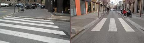 Quanto è strategico avere cura degli attraversamenti pedonali? Le foto mettono in confronto Roma a Madrid, in una delle due città muoiono ammazzati sulle strade dieci volte di più il numero di pedoni che nell'altra. A parità di abitanti