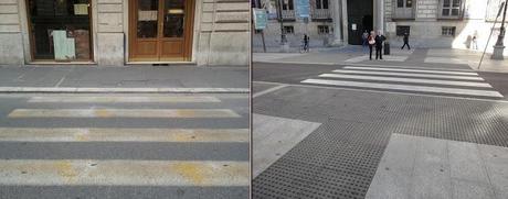 Quanto è strategico avere cura degli attraversamenti pedonali? Le foto mettono in confronto Roma a Madrid, in una delle due città muoiono ammazzati sulle strade dieci volte di più il numero di pedoni che nell'altra. A parità di abitanti