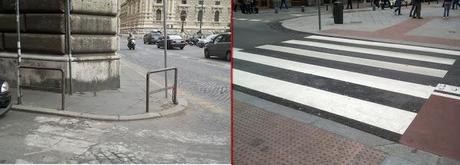 Quanto è strategico avere cura degli attraversamenti pedonali? Le foto mettono in confronto Roma a Madrid, in una delle due città muoiono ammazzati sulle strade dieci volte di più il numero di pedoni che nell'altra. A parità di abitanti